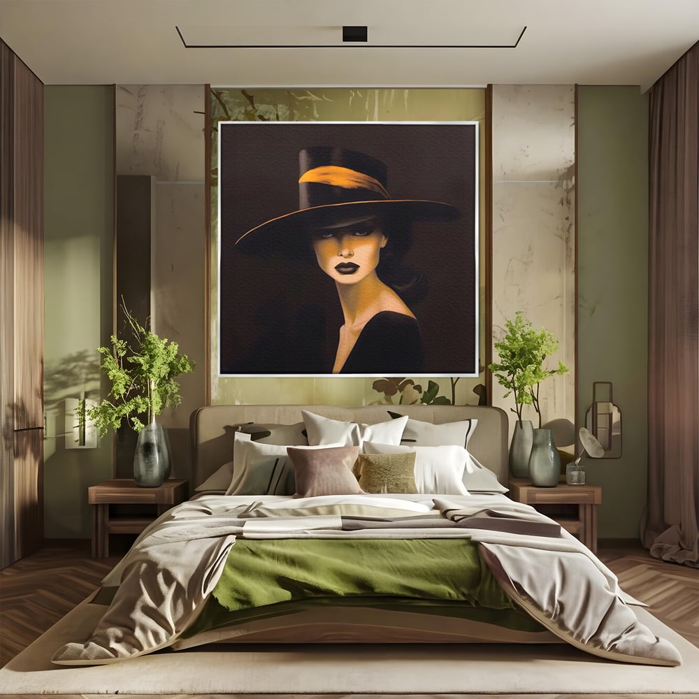 Tablou canvas cu tablou canvas cu femeie misterioasa, in rama de aluminiu argintiu, pe perete intr-un dormitor